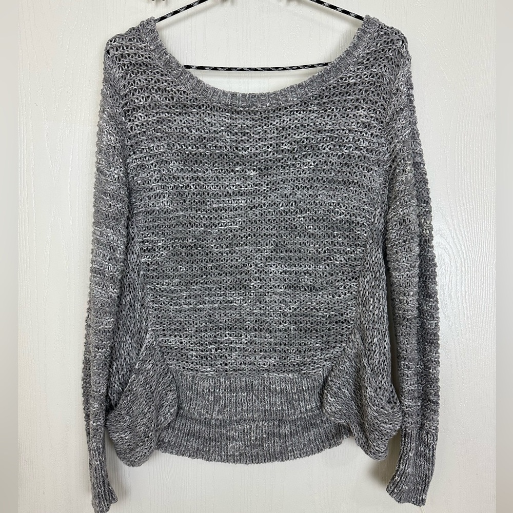 Eileen Fisher Open Knit Gray Sweater Pockets Wide Neck Cotton Blend Women’s